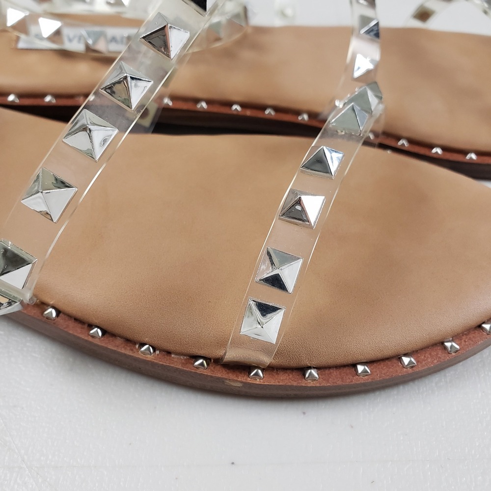 Steve Madden Travel Clear Tan Silver Pyramid Studded Gladiator Sandals 8.5M - Picture 5 of 11